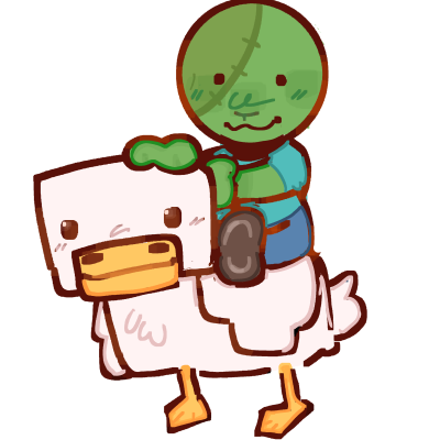a minecraft baby zombie, drawn with roudn head and smiling, riding on a minecraft chicken.